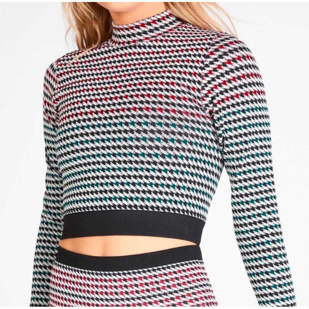 Fabletics Camryn Houndstooth Long Sleeve Top crop red white green black